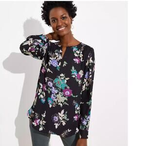 Women's LOFT Black Floral Tunic Blouse XS Fall Long Sleeves